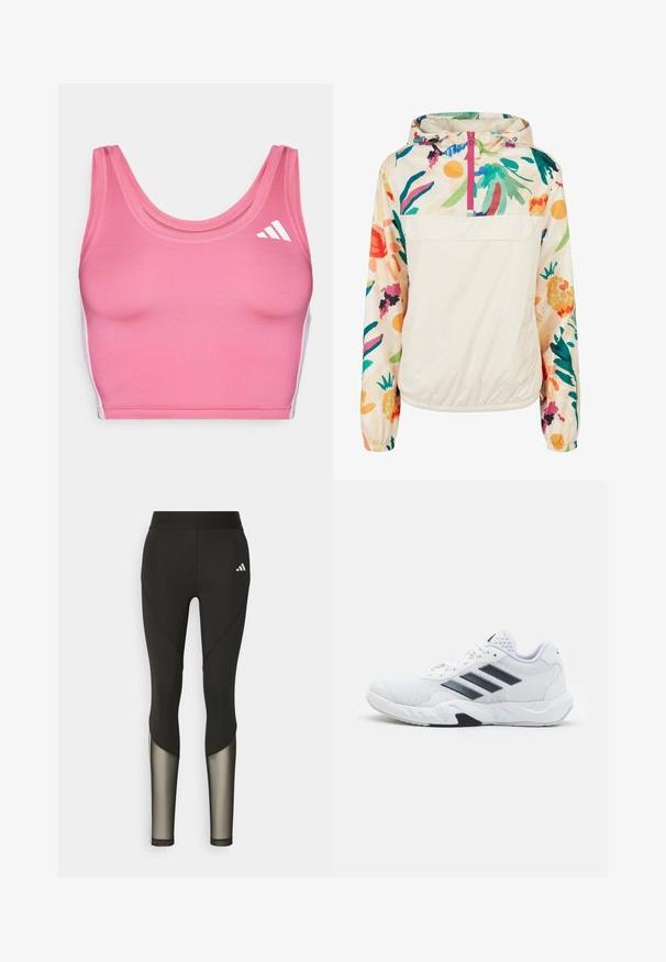 Kevyt, kerma värinen pullover-takki, jossa on kirkkaanvärinen kukkakuosi. Varustettu edessä olevalla vetoketjulla, hupulla ja elastisilla hihansuilla, jotka takaavat mukavan istuvuuden.; Vaaleanpunainen urheilu crop-top, joka on valmistettu venyvästä materiaalista. Siinä on pyöreä pääntie ja valkoiset logo-yksityiskohdat vasemmalla puolella.; Mustat urheilulegginsit, joissa on korkea vyötärö, verkko-osat alaraajoissa ja brodeerattu logo lantion kohdalla.; Valkoiset urheilukengät, joissa on verkkomateriaali päällisessä, kolme mustaa raitaa sivussa, teksturoidut yksityiskohdat ja kestävä kumipohja, jossa on kontrastina musta osa.