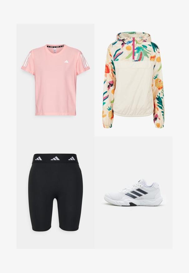 Lightweight, cream pullover jacket with a floral pattern in vibrant colors. Features a front zip, hood, and elastic cuffs for a secure fit.; adidas Performance TEE - Sports T-shirt - semi pink spark; Black athletic shorts with a fitted design, made from stretchy material. Features a wide black waistband with white branding accents.; White athletic shoe with mesh upper, three black stripes on the side, textured accents, and a sturdy rubber sole with a contrasting black section.