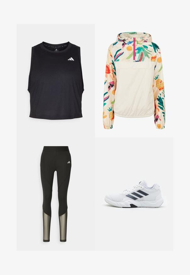 Letvægts, cremet pullover-jakke med et blomsterdesign i strålende farver. Har en lynlås foran, hætte og elastiske manchetter for en sikker pasform.; Sort ærmeløs trænings crop top lavet af glat stof, med en rund halsudskæring og en lille hvid logo detalje nær skulderen.; Sorte atletiske leggings med høj talje, der har mesh-detaljer nederst på benene og et broderet logo på hoften.; Hvid atletisk sko med mesh-overdel, tre sorte striber på siden, strukturerede accenter og en robust gummisål med et kontrasterende sort område.