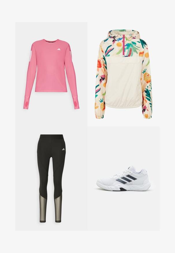 Lightweight, cream pullover jacket with a floral pattern in vibrant colors. Features a front zip, hood, and elastic cuffs for a secure fit.; Pink long-sleeve athletic shirt with round neckline and thumbhole openings in the cuffs. Features white branding accents on the sleeves.; Black athletic leggings with a high waistband, featuring mesh accents on the lower legs and an embroidered logo on the hip.; White athletic shoe with mesh upper, three black stripes on the side, textured accents, and a sturdy rubber sole with a contrasting black section.