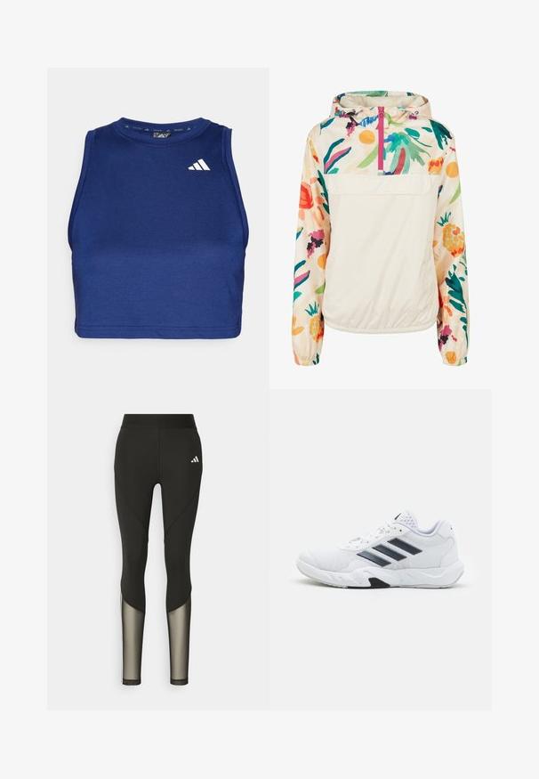 Lichtgewicht, crèmekleurige pulloverjack met een bloemenpatroon in levendige kleuren. Voorzien van een rits aan de voorkant, een capuchon en elastische manchetten voor een omsloten pasvorm.; Marineblauwe mouwloze trainingscrop top met een ronde hals. Van soepele stof en voorzien van een wit Adidas-logo op de linkerkant van de borst.; Zwarte sportleggings met een hoge tailleband, voorzien van meshaccenten op de onderbenen en een geborduurd logo op de heup.; Witte sportieve schoen met een bovenwerk van mesh, drie zwarte strepen aan de zijkant, gestructureerde accenten en een stevige rubberen zool met een contrasterend zwart gedeelte.