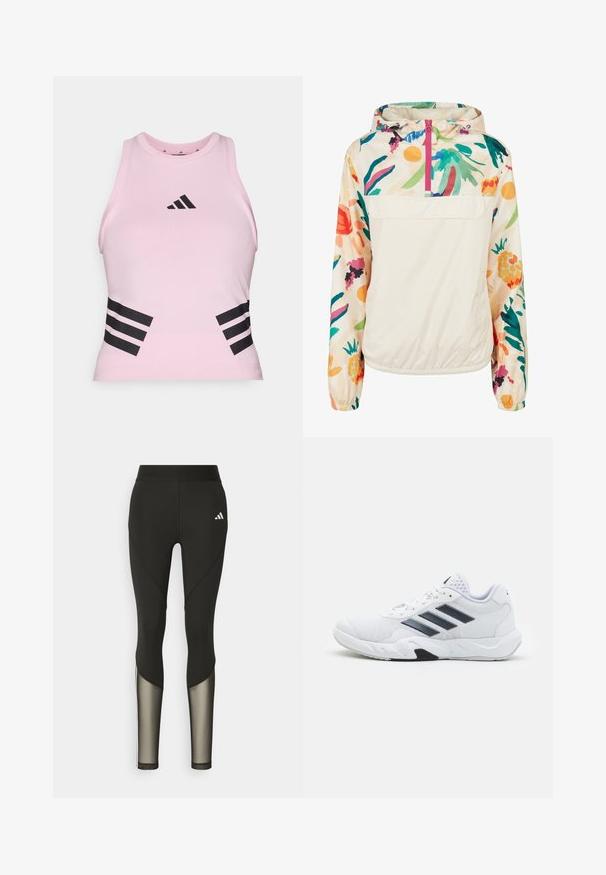 Lightweight, cream pullover jacket with a floral pattern in vibrant colors. Features a front zip, hood, and elastic cuffs for a secure fit.; Pink athletic tank top with a round neck, featuring a black Adidas logo on the chest and three black stripes along the bottom edges.; Black athletic leggings with a high waistband, featuring mesh accents on the lower legs and an embroidered logo on the hip.; White athletic shoe with mesh upper, three black stripes on the side, textured accents, and a sturdy rubber sole with a contrasting black section.