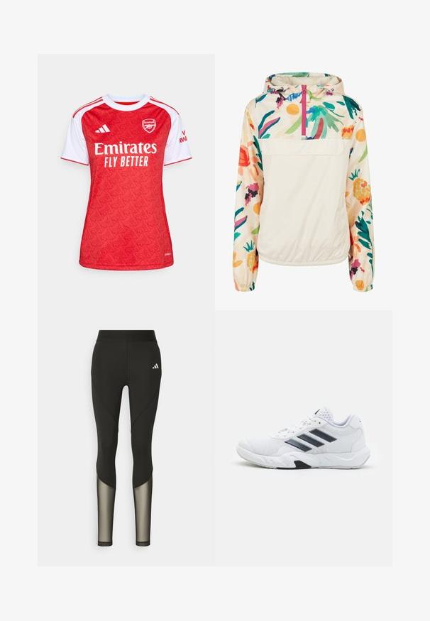 Lightweight, cream pullover jacket with a floral pattern in vibrant colors. Features a front zip, hood, and elastic cuffs for a secure fit.; Red and white football jersey featuring a patterned design, crew neck, short sleeves, and "Emirates Fly Better" logo on the front.; Black athletic leggings with a high waistband, featuring mesh accents on the lower legs and an embroidered logo on the hip.; White athletic shoe with mesh upper, three black stripes on the side, textured accents, and a sturdy rubber sole with a contrasting black section.