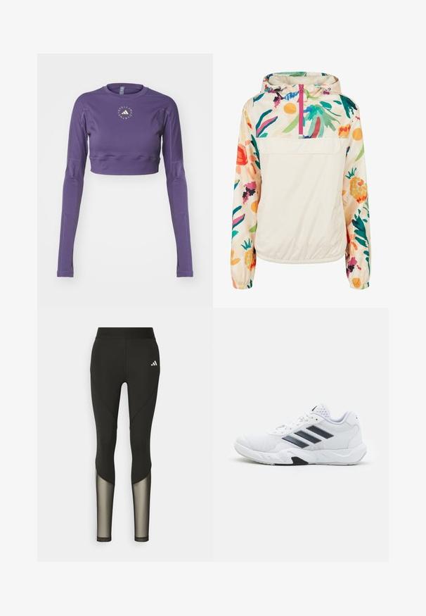 Lagani, krem pulover jakna s cvjetnim uzorkom u živim bojama. Ima prednji zip, kapuljaču i elastične manžete za sigurno prianjanje.; Ljubičasti skraćeni gornji dio s dugim rukavima, napravljen od glatkog, rastezljivog materijala. Ima okrugli izrez, otisnuti logo i otvore za palčeve na manžetama rukava.; Crne atletske tajice s visokim strukom, sa mrežastim detaljima na donjim nogavicama i izvezenim logotipom na kuku.; Bijela atletska cipela s mrežastim gornjim dijelom, tri crne pruge sa strane, strukturirani detalji i čvrst gumeni potplat s kontrastnim crnim dijelom.