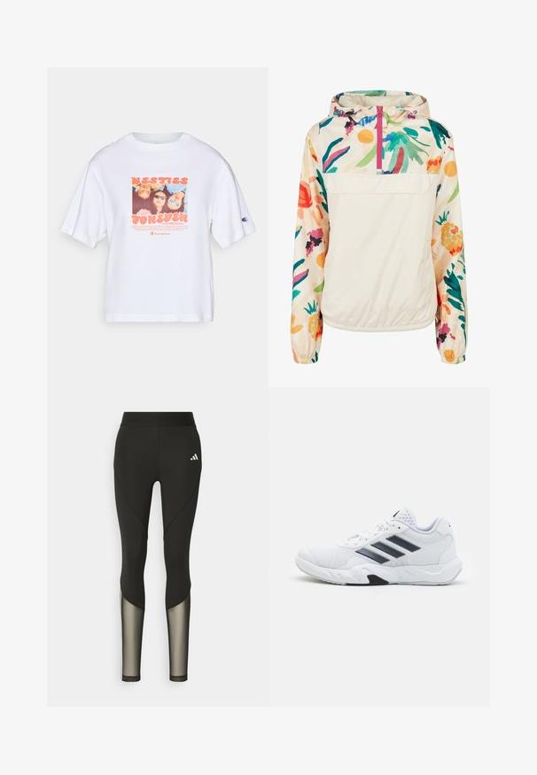 Gaišs, krēmkrāsas džemperis ar ziedu rakstu spilgtās krāsās. Iespējas ietver priekšējo rāvējslēdzēju, kapuci un elastīgas aproces drošai piegulšanai.; Balta īsām piedurknēm T-kreklu ar krāsainu foto grafiku, kurā ir teksts "LABĀKIE DRAUGI MŪŽAM" un Champion logo uz piedurknes.; Melna sporta leggingi ar augstu jostasvietu, kas ar tīkla akcentiem apakšējās kājās un iešūtu logo gurnā.; Baltā sporta apavi ar sietu augšdaļu, trīs melnām svītrām sānos, teksturētām akcentiem un izturīgu gumijas zoli ar kontrastējošu melnu daļu.