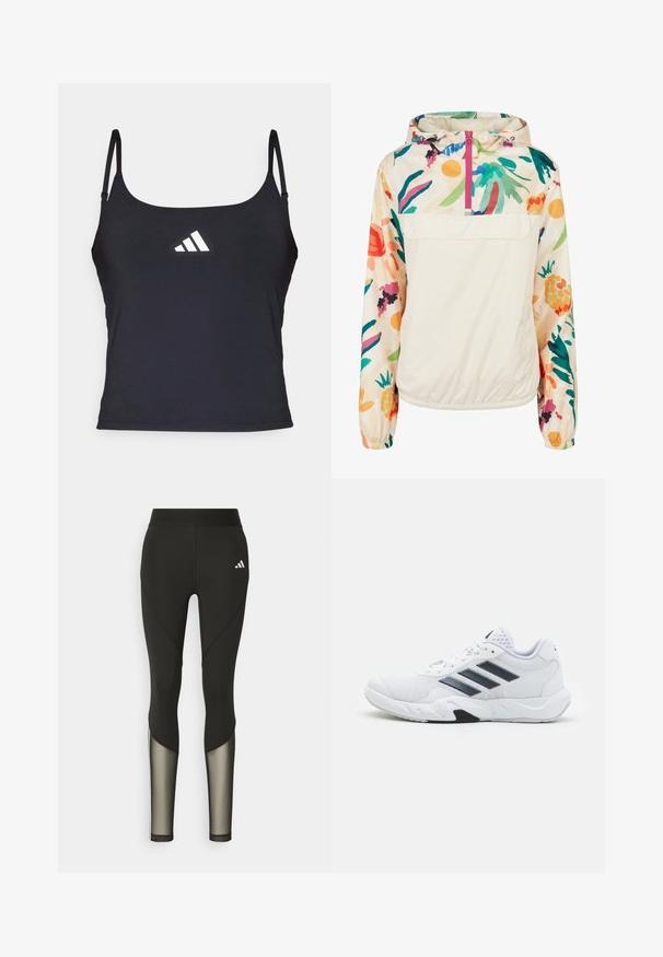 Lightweight, cream pullover jacket with a floral pattern in vibrant colors. Features a front zip, hood, and elastic cuffs for a secure fit.; Black athletic tank top with thin straps, featuring a white Adidas logo on the front. Smooth fabric with a fitted design.; Black athletic leggings with a high waistband, featuring mesh accents on the lower legs and an embroidered logo on the hip.; White athletic shoe with mesh upper, three black stripes on the side, textured accents, and a sturdy rubber sole with a contrasting black section.