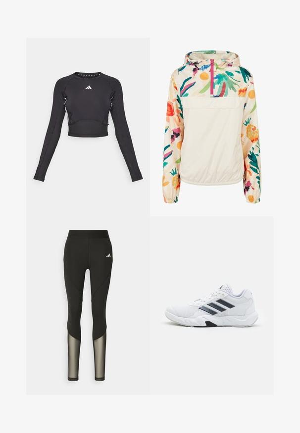 Leichter, cremefarbener Pullover-Jacke mit einem blumigen Muster in lebendigen Farben. Verfügt über einen Frontreißverschluss, eine Kapuze und elastische Bündchen für einen sicheren Sitz.; Schwarzes langärmliges Crop-Top aus elastischem Material, mit weißen Akzenten und einem Adidas-Logo auf der Brust. Figurbetonte Passform und gerippte Textur.; Schwarze Sportleggings mit hohem Bund, die Mesh-Einsätze an den Unterschenkeln und ein gesticktes Logo an der Hüfte aufweisen.; Weißer Sportschuh mit Mesh-Obermaterial, drei schwarzen Streifen an der Seite, strukturierten Akzenten und einer robusten Gummisohle mit einem kontrastierenden schwarzen Bereich.