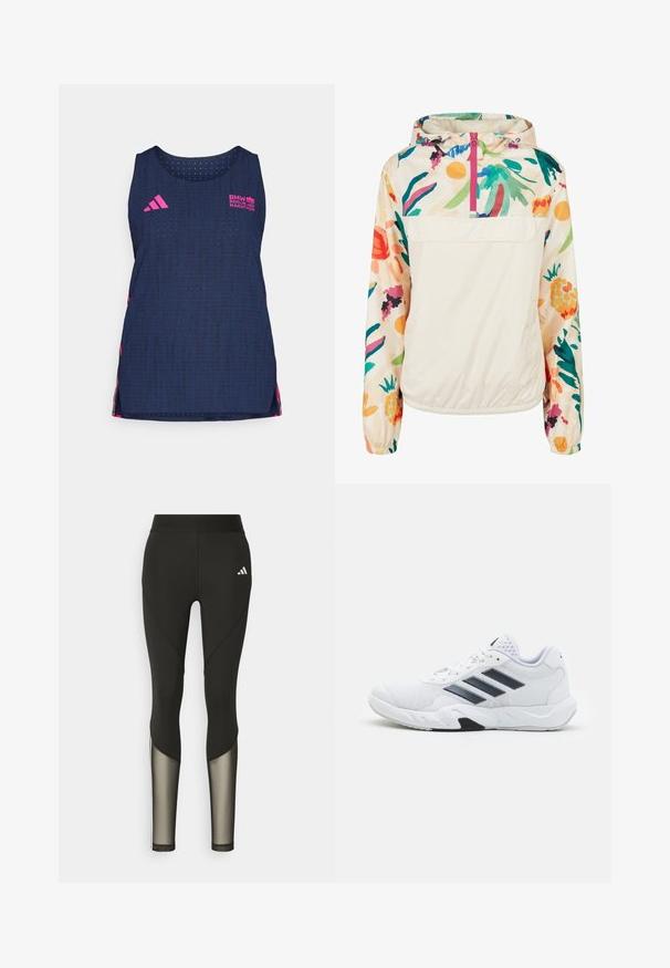 Lightweight, cream pullover jacket with a floral pattern in vibrant colors. Features a front zip, hood, and elastic cuffs for a secure fit.; adidas Performance BER25 TANK - Top - collegiate navy; Black athletic leggings with a high waistband, featuring mesh accents on the lower legs and an embroidered logo on the hip.; White athletic shoe with mesh upper, three black stripes on the side, textured accents, and a sturdy rubber sole with a contrasting black section.