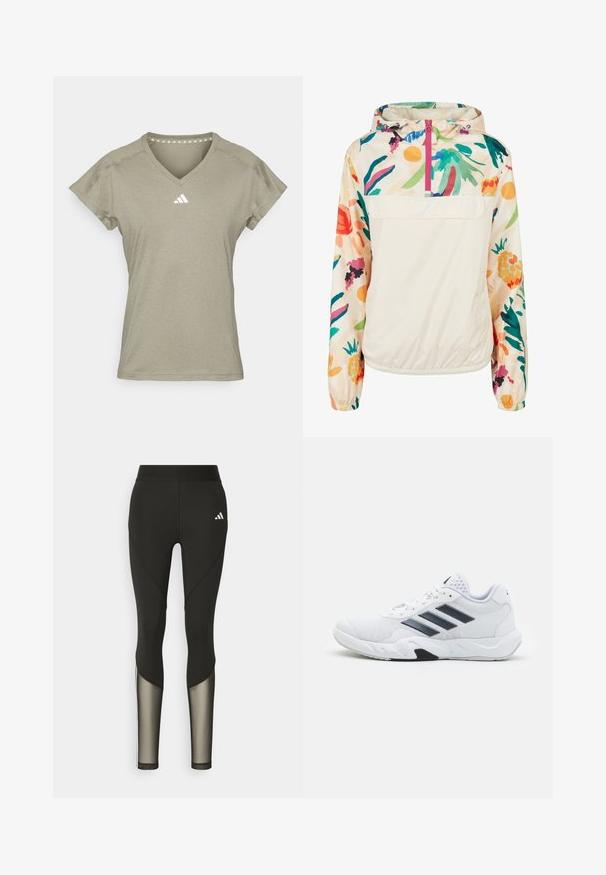 Lekka, kremowa kurtka z kapturem z kwiatowym wzorem w intensywnych kolorach. Posiada zamek z przodu, kaptur i elastyczne mankiety dla pewnego dopasowania.; adidas Performance - Koszulka sportowa; Czarne legginsy sportowe z wysokim stanem, z siateczkowymi akcentami na dolnych nogawkach oraz haftowanym logo na biodrze.; Białe buty sportowe z siateczkową cholewką, trzy czarne paski po boku, teksturowane akcenty i solidna gumowa podeszwa z kontrastującą czarną sekcją.