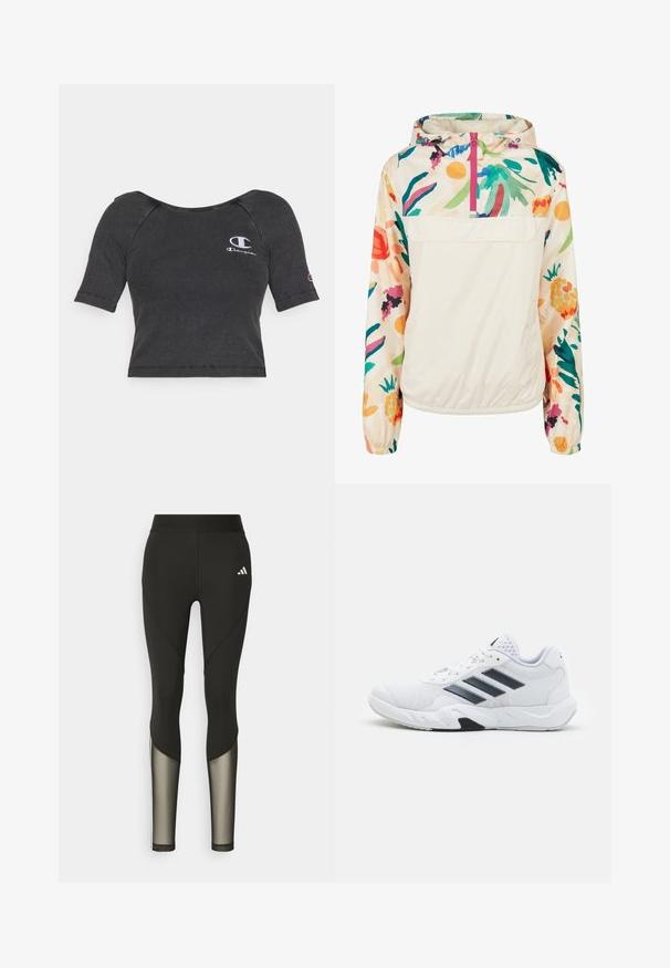 Könnyű, krémszínű pulóver dzseki élénk színekben pompázó virágmintával. Elöl cipzárral, kapucnival és elasztikus mandzsettákkal a biztonságos illeszkedés érdekében.; Fekete bordás, rövid ujjú, cropped póló kerek nyakkivágással, fehér hímzett logóval a bal mellen és az ujján.; Fekete sport leggings, magas derékkal, hálós díszítéssel az alsó lábszárakon és hímzett logóval a csípőn.; Fehér sportcipő, hálós felsőrésszel, az oldalon három fekete csíkkal, textúrázott részletekkel és egy tartós gumi talppal, amelynek ellentétes fekete szakasza van.