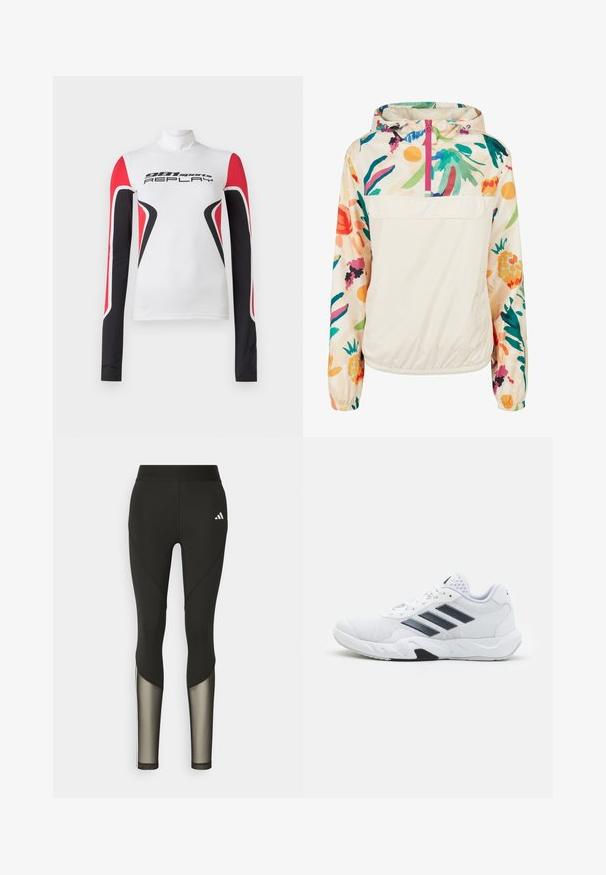 Lett, kremfarget genserjakke med blomsterpr mønster i livlige farger. Har glidelås foran, hette og elastiske mansjetter for en sikker passform.; Hvit langermet sportstopp med røde og svarte geometriske mønstre og "981 sports REPLAY"-tekst på forsiden, med høy krage.; Sorte treningsbukser med høy midje, med mesh-detaljer på nedre ben og brodert logo på hoften.; Hvit sportsko med mesh-overdel, tre svarte striper på siden, teksturerte detaljer og en solid gummisåle med en kontrasterende svart seksjon.