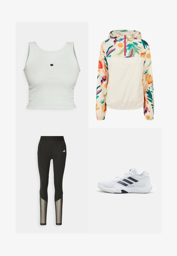 Lagani, krem pulover jakna s cvjetnim uzorkom u živim bojama. Ima prednji zip, kapuljaču i elastične manžete za sigurno prianjanje.; Svijetlozelena rebrasta crop majica s okruglim izrezom i širokim naramenicama. Ima mali, vezeni logo na središnjem dijelu.; Crne atletske tajice s visokim strukom, sa mrežastim detaljima na donjim nogavicama i izvezenim logotipom na kuku.; Bijela atletska cipela s mrežastim gornjim dijelom, tri crne pruge sa strane, strukturirani detalji i čvrst gumeni potplat s kontrastnim crnim dijelom.