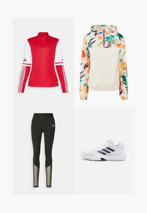 Lehký krémový pulover s květinovým vzorem v živých barvách. Má přední zip, kapuci a elastické manžety pro bezpečné nošení.; Červené sportovní tričko s dlouhým rukávem a vysokým límcem, bílé akcenty na rukávech a tři bílé pruhy po stranách rukávů. Obsahuje přední zip do půlky.; Černé sportovní legíny s vysokým pasem, které mají síťované prvky na dolních nohavicích a vyšívané logo na boku.; Bílé sportovní boty s vrškem ze síťoviny, třemi černými pruhy po stranách, texturovanými akcenty a odolnou gumovou podrážkou s kontrastní černou částí.