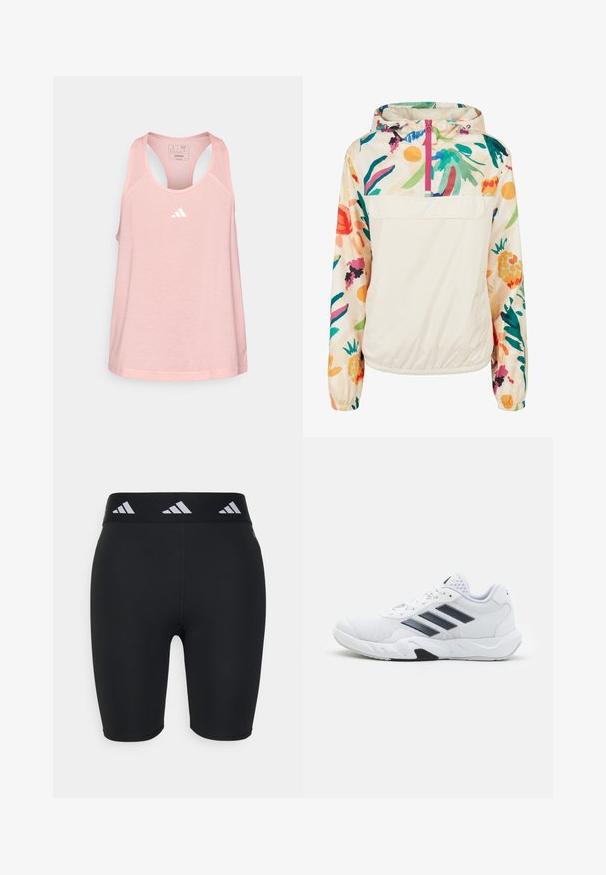 Lightweight, cream pullover jacket with a floral pattern in vibrant colors. Features a front zip, hood, and elastic cuffs for a secure fit.; adidas Performance Top - semi pink spark; Black athletic shorts with a fitted design, made from stretchy material. Features a wide black waistband with white branding accents.; White athletic shoe with mesh upper, three black stripes on the side, textured accents, and a sturdy rubber sole with a contrasting black section.