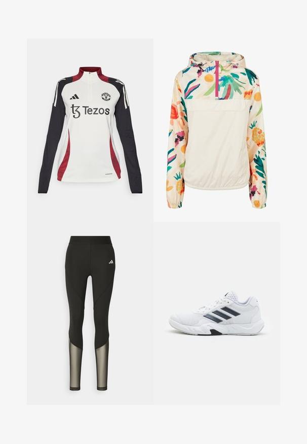 Chaqueta ligera de crema con un patrón floral en colores vibrantes. Presenta un cierre frontal, capucha y puños elásticos para un ajuste seguro.; Jersey blanco de manga larga con cuello alto, acentos en negro y rojo, que presenta el logo del Manchester United y la marca Tezos. Material Aeroready.; Leggings deportivos negros con una cintura alta, que presentan detalles de malla en las piernas inferiores y un logo bordado en la cadera.; Zapatilla deportiva blanca con parte superior de malla, tres franjas negras a los lados, acentos texturizados y una suela de goma resistente con una sección negra en contraste.