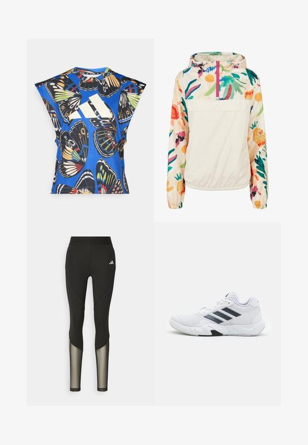 Ľahká, krémová puloverová bunda s kvetinovým vzorom v živých farbách. Obsahuje predný zips, kapucňu a elastické manžety pre bezpečné uchytenie.; Modrá košeľa s krátkym rukávom s živým potlačou motýľa v rôznych farbách, s veľkým bielym logom na prednej strane a okrúhlym výstrihom.; Čierne atletické legíny s vysokým pásom, ktoré majú sieťové akcenty na dolných nohách a vyšívané logo na bokoch.; Biele športové topánky s ventilovaným vrchom, tromi čiernymi pruhmi po stranách, textúrovanými akcentmi a pevným gumovým podošvom s kontrastnou čiernou časťou.