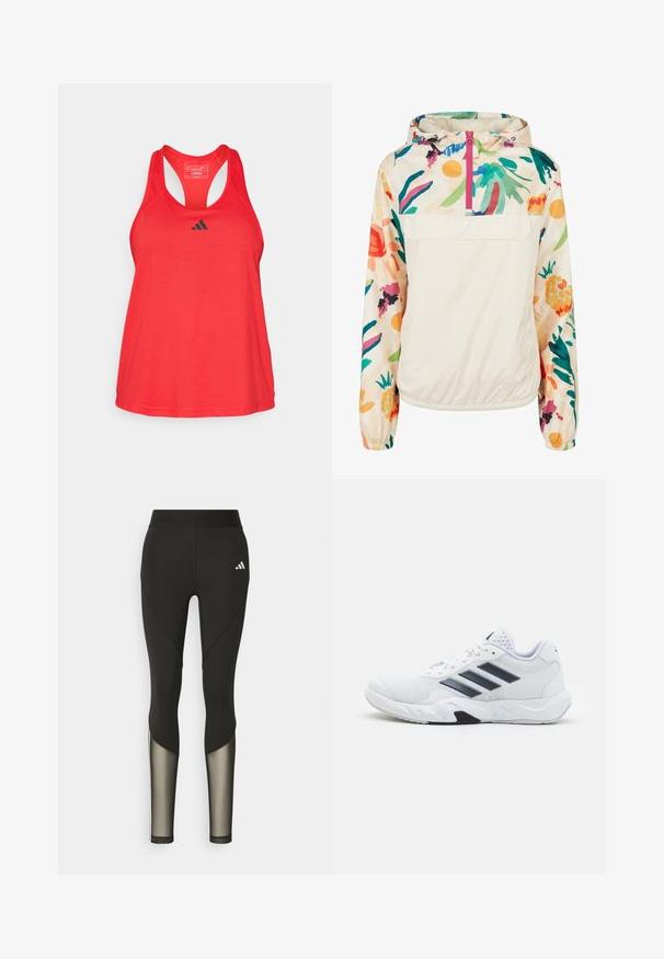 Letvægts, cremet pullover-jakke med et blomsterdesign i strålende farver. Har en lynlås foran, hætte og elastiske manchetter for en sikker pasform.; adidas Performance TRAIN ESSENTIALS MINIMAL BRANDING RACERBACK - Top - pure ruby/black; Sorte atletiske leggings med høj talje, der har mesh-detaljer nederst på benene og et broderet logo på hoften.; Hvid atletisk sko med mesh-overdel, tre sorte striber på siden, strukturerede accenter og en robust gummisål med et kontrasterende sort område.