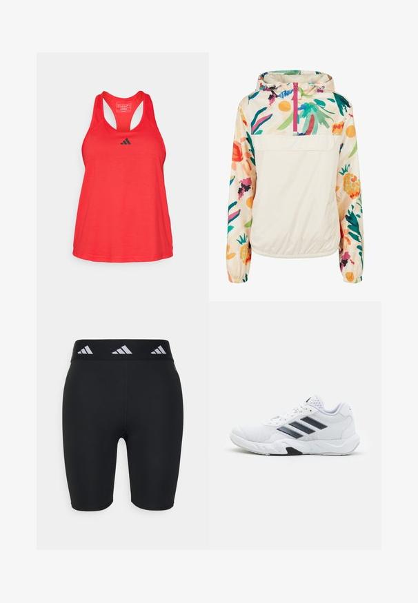 Lightweight, cream pullover jacket with a floral pattern in vibrant colors. Features a front zip, hood, and elastic cuffs for a secure fit.; adidas Performance Top - pure ruby/black; Black athletic shorts with a fitted design, made from stretchy material. Features a wide black waistband with white branding accents.; White athletic shoe with mesh upper, three black stripes on the side, textured accents, and a sturdy rubber sole with a contrasting black section.