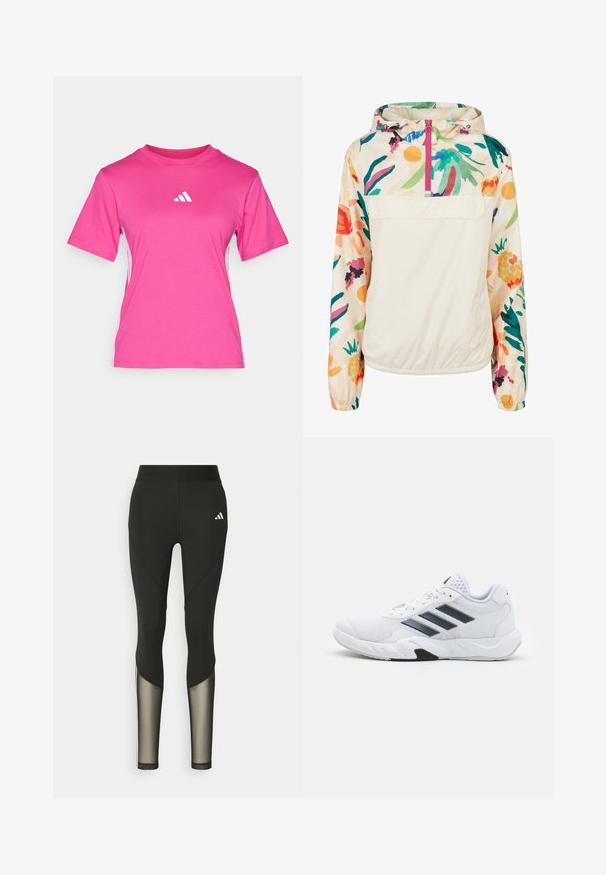 Lagani, krem pulover jakna s cvjetnim uzorkom u živim bojama. Ima prednji zip, kapuljaču i elastične manžete za sigurno prianjanje.; Ružičasta majica kratkih rukava izrađena od mekog materijala. Ima bijele trostruke trakice sa strane i mali bijeli logotip na prsima.; Crne atletske tajice s visokim strukom, sa mrežastim detaljima na donjim nogavicama i izvezenim logotipom na kuku.; Bijela atletska cipela s mrežastim gornjim dijelom, tri crne pruge sa strane, strukturirani detalji i čvrst gumeni potplat s kontrastnim crnim dijelom.