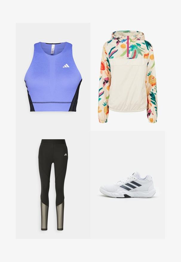 Lightweight, cream pullover jacket with a floral pattern in vibrant colors. Features a front zip, hood, and elastic cuffs for a secure fit.; Purple sports crop top with a textured surface, black side panels, and a white logo on the left chest area. Athletic design with a rounded neckline.; Black athletic leggings with a high waistband, featuring mesh accents on the lower legs and an embroidered logo on the hip.; White athletic shoe with mesh upper, three black stripes on the side, textured accents, and a sturdy rubber sole with a contrasting black section.