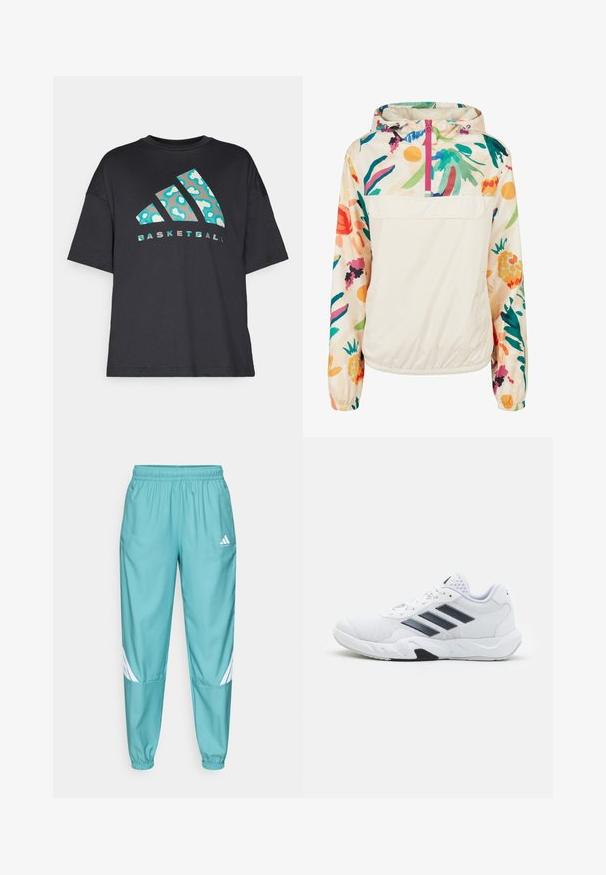 Lett, kremfarget genserjakke med blomsterpr mønster i livlige farger. Har glidelås foran, hette og elastiske mansjetter for en sikker passform.; Svart oversized t-skjorte laget av bomull, med et turkist abstrakt mønster og ordet "BASKETBALL" i kontrasterende tekst under logoen.; Grønne treningsbukser med elastisk midje, med hvite diagonale striper på underbena og sidelommer. Laget av lett materiale.; Hvit sportsko med mesh-overdel, tre svarte striper på siden, teksturerte detaljer og en solid gummisåle med en kontrasterende svart seksjon.