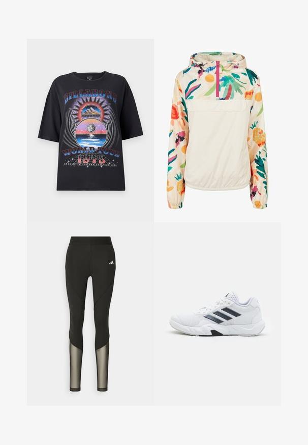 Kevyt, kerma värinen pullover-takki, jossa on kirkkaanvärinen kukkakuosi. Varustettu edessä olevalla vetoketjulla, hupulla ja elastisilla hihansuilla, jotka takaavat mukavan istuvuuden.; Musta ylikokoinen t-paita, jossa on värikäs graafinen kuvasto, jossa on vuoria, aurinko ja vesielementtejä. Tekstissä lukee "Billabong World Tour 1973".; Mustat urheilulegginsit, joissa on korkea vyötärö, verkko-osat alaraajoissa ja brodeerattu logo lantion kohdalla.; Valkoiset urheilukengät, joissa on verkkomateriaali päällisessä, kolme mustaa raitaa sivussa, teksturoidut yksityiskohdat ja kestävä kumipohja, jossa on kontrastina musta osa.