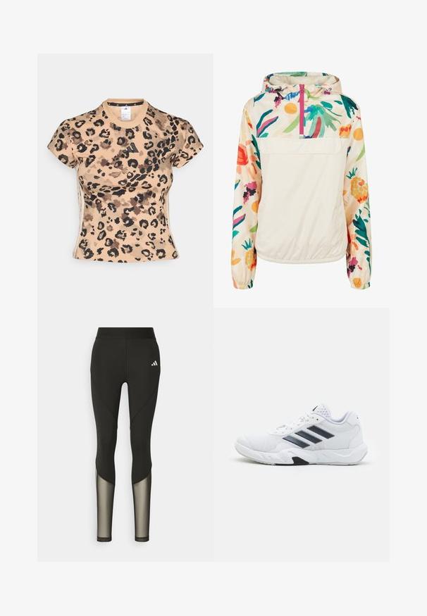 Kevyt, kerma värinen pullover-takki, jossa on kirkkaanvärinen kukkakuosi. Varustettu edessä olevalla vetoketjulla, hupulla ja elastisilla hihansuilla, jotka takaavat mukavan istuvuuden.; adidas Sportswear TEE - Printtipaita - multicolor/warm sandstone; Mustat urheilulegginsit, joissa on korkea vyötärö, verkko-osat alaraajoissa ja brodeerattu logo lantion kohdalla.; Valkoiset urheilukengät, joissa on verkkomateriaali päällisessä, kolme mustaa raitaa sivussa, teksturoidut yksityiskohdat ja kestävä kumipohja, jossa on kontrastina musta osa.