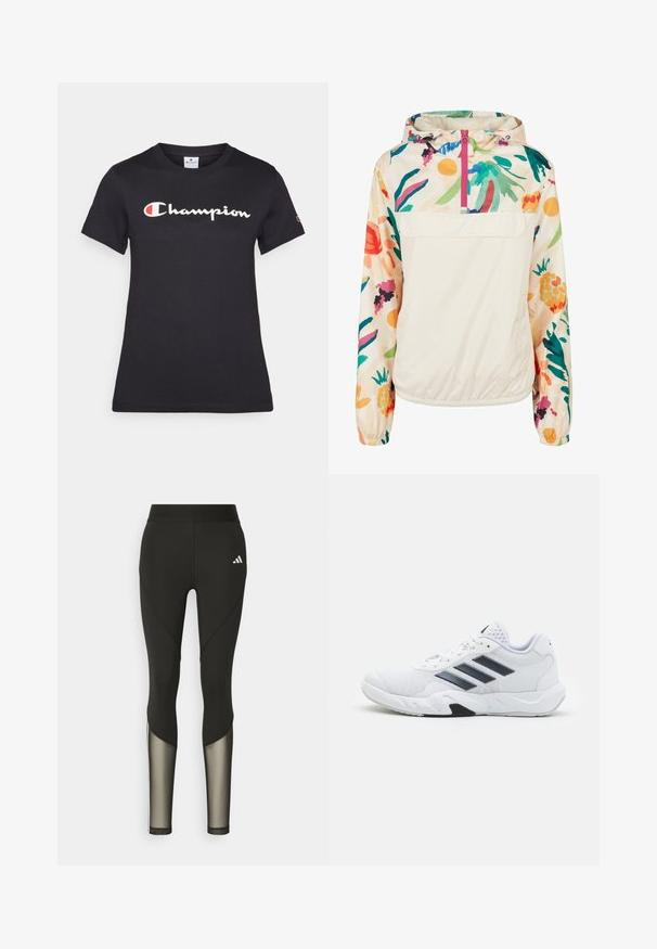 Ľahká, krémová puloverová bunda s kvetinovým vzorom v živých farbách. Obsahuje predný zips, kapucňu a elastické manžety pre bezpečné uchytenie.; Čierne bavlnené tričko s krátkymi rukávmi, okrúhlym výstrihom a veľkým bielym logom "Champion" s červeným akcentom na ľavej hrudi.; Čierne atletické legíny s vysokým pásom, ktoré majú sieťové akcenty na dolných nohách a vyšívané logo na bokoch.; Biele športové topánky s ventilovaným vrchom, tromi čiernymi pruhmi po stranách, textúrovanými akcentmi a pevným gumovým podošvom s kontrastnou čiernou časťou.