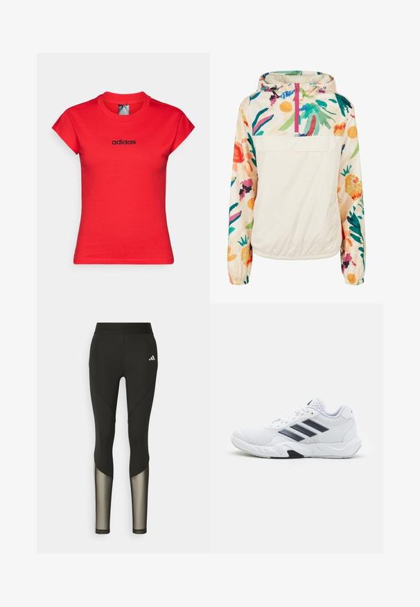 Lekka, kremowa kurtka z kapturem z kwiatowym wzorem w intensywnych kolorach. Posiada zamek z przodu, kaptur i elastyczne mankiety dla pewnego dopasowania.; Czerwona, dopasowana koszulka z bawełny z krótkimi, podwiniętymi rękawami oraz czarnym logo "adidas" na piersi. Gładka faktura i okrągły dekolt.; Czarne legginsy sportowe z wysokim stanem, z siateczkowymi akcentami na dolnych nogawkach oraz haftowanym logo na biodrze.; Białe buty sportowe z siateczkową cholewką, trzy czarne paski po boku, teksturowane akcenty i solidna gumowa podeszwa z kontrastującą czarną sekcją.