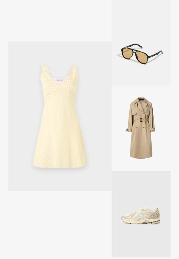 Beženi trench kaput od mješavine pamuka; dvostruko zakopčavanje s velikim dugmadima, remenom u struku i zaklopnim džepovima; ima karirani podstavu.; Žuta karirana haljina s V-izrezom, pripijenim korzetom i lepršavom suknjom. Tkanina ima glatku teksturu s bijelim uzorcima kariranog dezena.; Bijela majica dugih rukava s grafičkim printom koji sadrži crno-bijelu sliku i ružičasti tekst, uključujući "STIEGLITZ" i ponavljajuće fraze na rukavima.; Bež sportski teniski sa mrežastim gornjim dijelom, minimalnim detaljima, teksturiranim potplatom i suptilnim 'N' logom sa strane. Lagani dizajn za udobnost.; Crne sunčane naočale s smeškastim sočivima; pravokotni oblik s debelim okvirom, uključujući suptilne hardverske akcentne detalje na sljepoočnicama.; Crna kožna torba s zakrivljenim oblikom, jednim remenom, zatvaranjem na patentni zatvarač i suptilnim brendiranjem sprijeda. Glatka tekstura, minimalistički dizajn.
