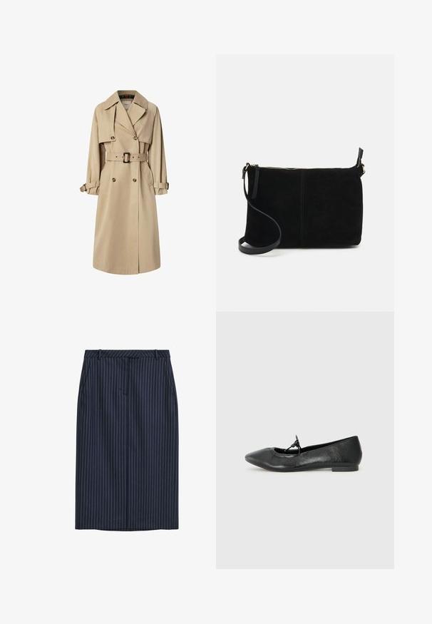 Trench coat beige en mezcla de algodón; diseño de doble botonadura con botones grandes, cintura ceñida con cinturón y bolsillos tipo solapa; cuenta con un forro a cuadros.; Suéter corto color marrón claro, con mangas largas, escote redondo y un tejido de punto texturizado. Sin patrones visibles ni detalles de herrajes.; Falda lápiz de rayas marineras con corte recto, bolsillos frontales, cinturilla y una textura suave. Sin cierres ni aberturas visibles.; Bailarinas de cuero negro con punta afilada, superficie texturada y un pequeño lazo decorativo en el empeine. Tacón bajo y plano.; Bolso cruzado de ante negro con cierre de cremallera, diseño rectangular plano y correa desmontable para mayor versatilidad. Textura suave, estilo minimalista.