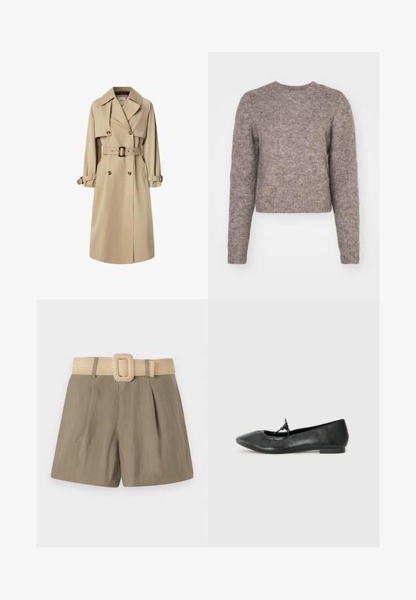 Béžový trenčkot z bavlneného zloženia; dvojradový dizajn s veľkými gombíkmi, opaskom v páse a vreckami s chlopňou; obsahuje kockovanú podšívku.; Svetlohnedý, skrátený sveter s dlhými rukávmi, okrúhlym výstrihom a textúrovanou pleteninou. Bez viditeľných vzorov alebo hardvérových detailov.; Khaki šortky s pukmi, obsahujúce široký tkaný béžový opasok a obdĺžnikovú pracku ozdobenú malými bielymi akcentmi.; Čierne kožené baletky s špicatou špičkou, textúrovaným povrchom a malou mašľou na priehlavku. Nízky, plochý opätok.