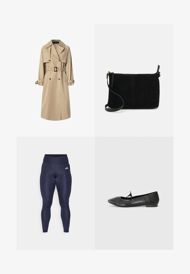 Beige Trenchcoat aus Baumwollmix; doppelt geknöpftes Design mit großen Knöpfen, tailliertem Gürtel und Klappentaschen; verfügt über ein karierter Innenfutter.; Hellbrauner, kurzer Pullover mit langen Ärmeln, rundem Halsausschnitt und einem strukturierten Strickstoff. Keine sichtbaren Muster oder Hardware-Details.; adidas Performance Tights - legend ink; Schwarze Leder-Ballerinas mit spitz zulaufender Zehenpartie, strukturiertem Obermaterial und einer kleinen Schleifenakzent an der Vorderseite. Niedriger, flacher Absatz.; Schwarze Wildleder-Crossbody-Tasche mit einem Reißverschluss, flachem rechteckigem Design und einem abnehmbaren Schultergurt für Vielseitigkeit. Glatte Textur, minimalistischer Stil.