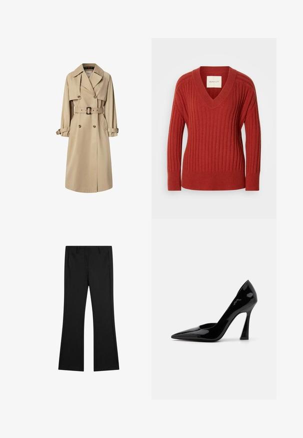 Beige trenčkot z bavlněnou směsí; dvouřadý design s velkými knoflíky, páskem v pase a kapsami s klopami; má kostkovanou podšívku.; Červený žebrovaný svetr s výstřihem do V, dlouhými rukávy a přiléhavým pasem. Vyrobený z měkkého, texturovaného materiálu. Štítek je viditelný uvnitř výstřihu.; Černé rozšířené kalhoty vyrobené z hladké tkaniny, s předními kapsami a přizpůsobeným střihem s nažehlenými záhyby pro elegantní vzhled.; Černé lakované vysoké podpatky s špičatou špičkou a úhlovým stiletto podpatkem, s hladkým, lesklým povrchem.