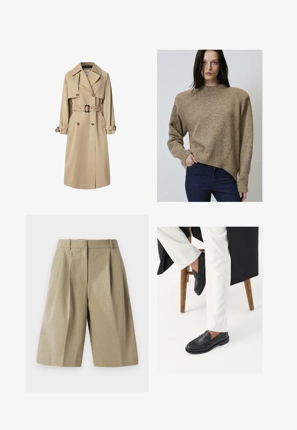 Beige trenchcoat in een katoenmix; dubbel gevoerd ontwerp met grote knopen, ceintuur in de taille en klepzakken; beschikt over een geruite voering.; Beige gebreide trui met een hoge hals, geribbelde manchetten en zoom, en een iets asymmetrische snit. Gecombineerd met donkerblauwe spijkerbroek.; Beige op maat gemaakte shorts met een geplooid ontwerp, gemaakt van een lichtgewicht stof. Voorzien van een tailleband en diepe voorzakken.; Zwarte leren loafers met een gladde textuur en een brede banddetail, gedragen met witte op maat gemaakte broek. De hak heeft een plat ontwerp.