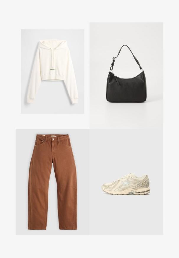 Beżowy trencz wykonany z mieszanki bawełny; podwójnie zapinany design z dużymi guzikami, taliowany pas i kieszenie z klapą; ma wmontowaną podszewkę w kratę.; Jasny kremowy, skrócony hoodie z miękkiego materiału, z kapturem na sznurku, raglanowymi rękawami, wypukłym logo "GAP" oraz prążkowanymi mankietami.; Rude brązowe dżinsy o prostym kroju z kieszeniami z przodu i z tyłu, metalowymi nitami, zapięciem na guzik i pętlami na pasek, leżące płasko na białym tle.; Beżowe sneakersy sportowe z siateczkową cholewką, minimalnymi akcentami, teksturowaną podeszwą i subtelnym logo 'N' po boku. Lekka konstrukcja dla wygody.; Czarna skórzana torebka o zaokrąglonym kształcie, z pojedynczym uchwytem, zamknięciem na zamek błyskawiczny oraz subtelnym logo z przodu. Gładka faktura, minimalistyczny design.