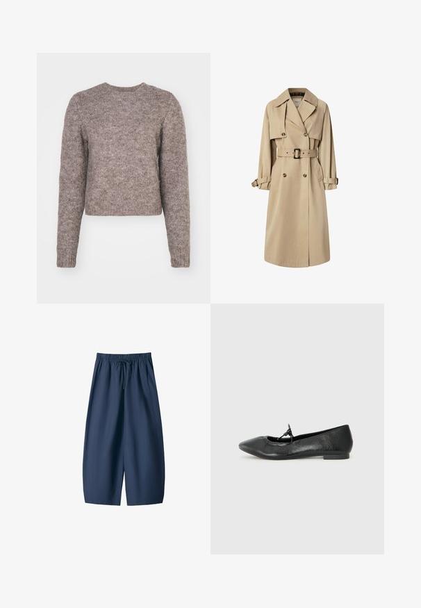 Beige trenčkot z bavlněnou směsí; dvouřadý design s velkými knoflíky, páskem v pase a kapsami s klopami; má kostkovanou podšívku.; Světle hnědý zkrácený svetr s dlouhými rukávy, kulatým výstřihem a strukturovanou pleteninou. Žádné viditelné vzory ani kovové detaily.; Námořnické modré šortky vyrobené z hladké látky, s elastickým pasem se šňůrkou a dvěma bočními kapsami. Volný střih, design sahající až k kolenům.; Černé kožené baletní byty s špičatou špičkou, texturovaným povrchem a malou mašlí na nártu. Nízký, plochý podpatek.