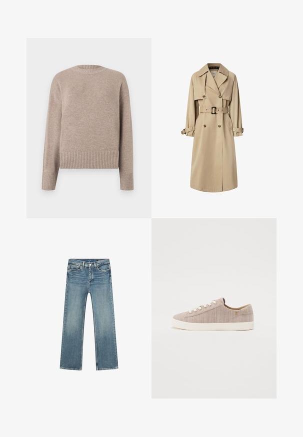 Beige trenchcoat in een katoenmix; dubbel gevoerd ontwerp met grote knopen, ceintuur in de taille en klepzakken; beschikt over een geruite voering.; Beige gebreide trui met een ronde hals, geribde manchetten en zoom. Zachte textuur en relaxed fit, geschikt voor casual draag.; Lichtblauwe denim jeans met een rechte snit, vijf zakken ontwerp en contrasterende stiksels. Voorzien van een ritssluiting en metalen knoopsluiting.; Lichtbeige canvas sneaker met een gestructureerd oppervlak, ronde neus, witte oogjes en een crèmekleurige rubberen zool. Minimalistisch ontwerp met subtiele accenten.