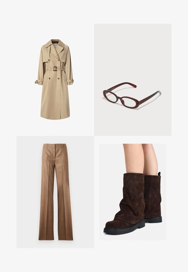 Bež plašč v mešani bombažni tkanini; dvojnim zapenjanjem, velikimi gumbi, s pasom in žepi z preklopom; ima karirasto oblogo.; Svetlo zelena majica z dolgimi rokavi in gumbom spredaj, ovratnik, strukturirana tkanina in detajli sLističnim prepletenjem na manšetah. Oblika ravnega roba.; Rjav karo hlače ravnega kroja z zanko za pas in sprednjim povešem na svetlo sivi podlagi.; Rjave gamšaste škornje do polovice teleta z črnimi gumijastimi podplati, nošene na golih nogah, s rahlim gubanjem na zgornjem delu škornjev.; Ovalno oblikovani rdeči sončna očala s prozornimi lečami in elegantnimi rjavimi okvirji. Oblikovanje vključuje subtilne krivulje in minimalno opremo.