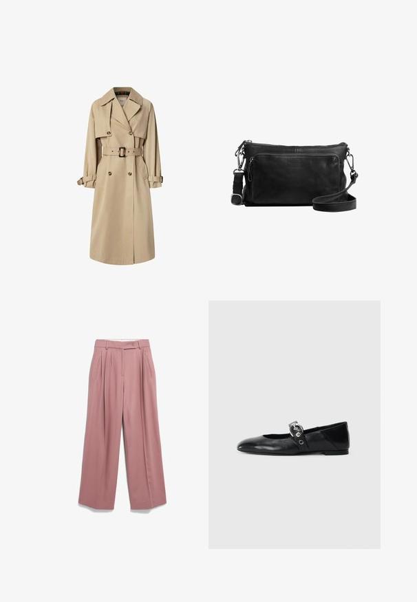 Beige trenchcoat in een katoenmix; dubbel gevoerd ontwerp met grote knopen, ceintuur in de taille en klepzakken; beschikt over een geruite voering.; Polo shirt met lange mouwen, voorzien van afwisselende donkerbruine en witte horizontale strepen, een kraag en een knoopsluiting. Gemaakt van zachte stof.; Wijde broek van zacht roze stof, voorzien van plooien aan de voorkant, zijzakken, een knoopsluiting en een soepele textuur.; Zwarte leren balletschoenen met een spitse neus, voorzien van een band met een ronde metalen gesp en een platte zool.; Zwarte leren schoudertas met een ritsvak, een voorzak, zilverkleurige hardware en een verstelbare schouderband. Gladde textuur.