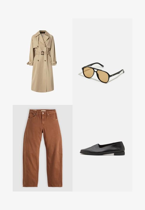 Bežs mantiņš kokvilnas maisījumā; dubultā slēgšanas dizains ar lieliem pogām, jostā ar jostu un kabatām ar atloka; satur pārbaudītu oderi.; Balts garām piedurknēm T-krekls ar grafisko apdruku, kas satur melnbaltus attēlus un rozā tekstu, tostarp "STIEGLITZ" un atkārtojošos frāzes uz piedurknēm.; Rūsu brūnas taisnas kājas džinsi ar priekšējām un aizmugurējām kabatām, metāla kniedēm, pogu aizdari un jostas cilpām, izlikti uz balta fona.; Melna ādas plakanā kurpe ar gludu tekstūru. Tam ir zems, taisnstūra papēdis un noapaļota purngalis. Vienkāršs dizains ar minimāliem akcentiem.; Melnas saulesbrilles ar brūnā tonītiem stikliem; taisnstūra forma ar biezu rāmi, ieskaitot smalku aparatūru akcentu uz tempļiem.