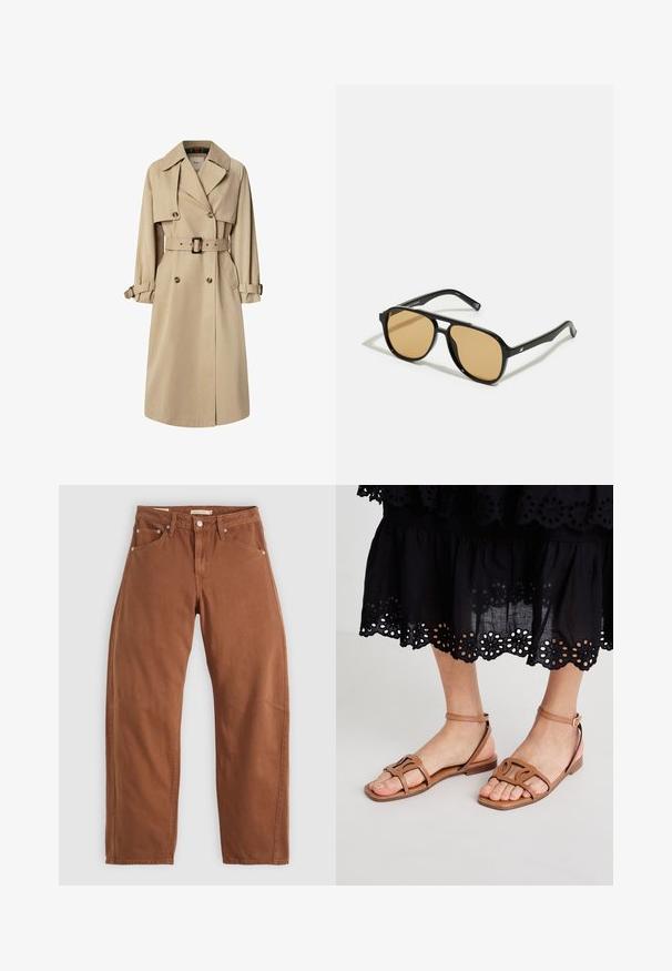 Béžový trenčkot z bavlneného zloženia; dvojradový dizajn s veľkými gombíkmi, opaskom v páse a vreckami s chlopňou; obsahuje kockovanú podšívku.; Biela dlhá tričko s dlhým rukávom s grafickým potlačou obsahujúcim čierno-biele obrázky a ružový text, vrátane slova "STIEGLITZ" a opakujúcich sa fráz na rukávoch.; Hnedohnedé rovné džínsy so prednými a zadnými vreckami, kovovými nýtmi, zapínaním na gombík a pútkami na opasok, položené na bielom pozadí.; Svetlohnedé kožené sandále s plochou podrážkou, s pevnými pásikmi a nastaviteľným sponou na členku, v kombinácii s čiernou sukňou s očkami.; Čierne slnečné okuliare s hnedými farebnými šošovkami; obdĺžnikový tvar s hrubým rámom, vrátane jemných kovových akcentov na stranách.; Čierna kožená kabelka s oblým tvarom, jediným popruhom, zipsom a nenápadným logom na prednej strane. Hladká textúra, minimalistický dizajn.