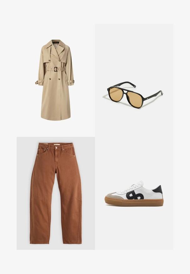 Trench coat beige in misto cotone; design doppiopetto con grandi bottoni, vita con cintura e tasche a patta; presenta una fodera a scacchi.; T-shirt bianca a maniche lunghe con stampa grafica che presenta immagini in bianco e nero e testo rosa, compreso "STIEGLITZ" e frasi ripetute sulle maniche.; Jeans dritti di colore marrone ruggine con tasche anteriori e posteriori, rivetti metallici, chiusura con bottone e passanti per cintura, disposti su uno sfondo bianco.; Sneaker bianco in pelle con logo nero, dettagli in suede e suola in gomma. Presenta lacci bianchi piatti e un design con punta arrotondata.; Occhiali da sole neri con lenti a sfumatura marrone; forma rettangolare con una montatura spessa, inclusi sottili dettagli metallici sulle astine.