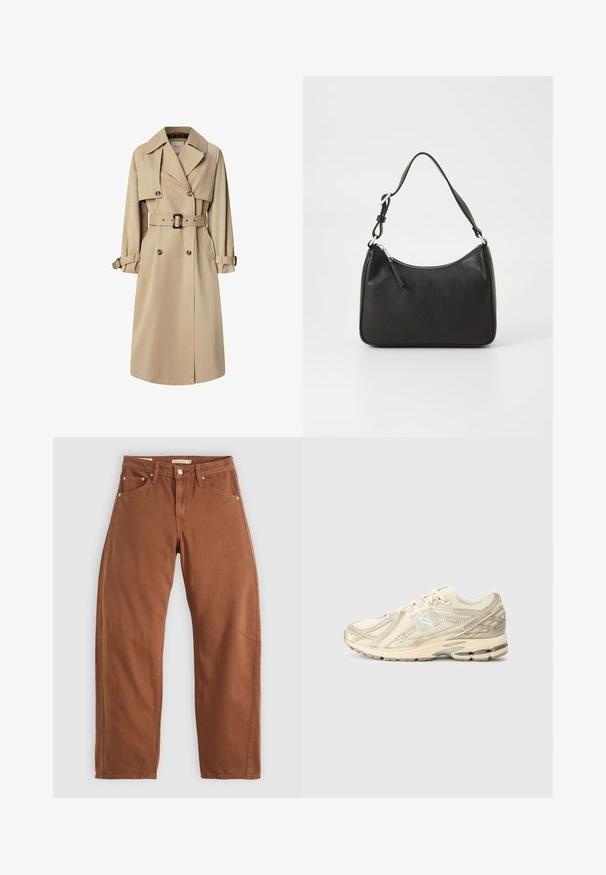 Beige trench coat in cotton blend; double-breasted design with large buttons, belted waist, and flap pockets; features a checkered lining.; White long-sleeve t-shirt with a graphic print featuring black and white imagery and pink text, including "STIEGLITZ" and repeating phrases on the sleeves.; Rust brown straight-leg jeans with front and back pockets, metal rivets, button closure, and belt loops, laid flat on a white background.; Beige athletic sneaker with mesh upper, minimal accents, textured sole, and a subtle 'N' logo on the side. Lightweight design for comfort.; Black leather handbag with a curved shape, a single strap, zip closure, and subtle branding on the front. Smooth texture, minimalist design.