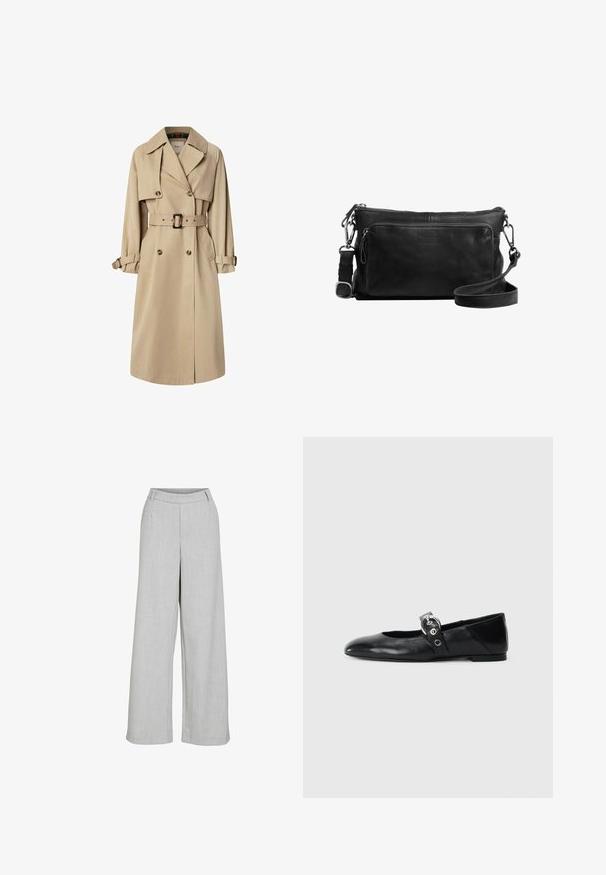 Beige trenchcoat in een katoenmix; dubbel gevoerd ontwerp met grote knopen, ceintuur in de taille en klepzakken; beschikt over een geruite voering.; Witte mouwloze tanktop met een vierkante halslijn, een gladde textuur en een nauwsluitend ontwerp. Gemaakt van lichtgewicht stof.; Lichtgrijze wijde broek van textuurstof, met een vlakke voorkant, riemlussen en een nette, op maat gemaakte uitstraling.; Zwarte leren balletschoenen met een spitse neus, voorzien van een band met een ronde metalen gesp en een platte zool.; Zwarte leren schoudertas met een ritsvak, een voorzak, zilverkleurige hardware en een verstelbare schouderband. Gladde textuur.