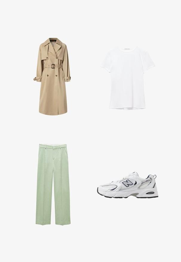 Beżowy trencz wykonany z mieszanki bawełny; podwójnie zapinany design z dużymi guzikami, taliowany pas i kieszenie z klapą; ma wmontowaną podszewkę w kratę.; Biały krótki rękaw t-shirt wykonany z gładkiego materiału, z okrągłym dekoltem i subtelnymi detalami szycia na dole.; Mango SEVILLA jasnozielony; Białe sportowe buty z siateczkową cholewką, granatowymi akcentami i wyściełaną podeszwą. Posiadają logo "N", sznurówki oraz teksturowany detal po boku.