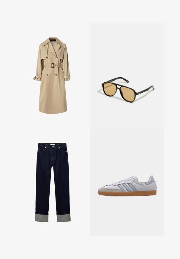 Bež plašč v mešani bombažni tkanini; dvojnim zapenjanjem, velikimi gumbi, s pasom in žepi z preklopom; ima karirasto oblogo.; Bela rebrasta majica bez rukava s crnim izvezenim logotipom u središtu grudnog dela. Ovratnik i otvor za ruke su završeni suptilnim obradom.; Temno modri denim kavbojke s ravnim dizajnom nogavic, zavihki na svetlo sivi barvi ter vidnimi šivi na žepih in pasu.; Beli usnjeni športni copati z svetlo modrimi poudarki, sivi semiš konice in rjavim gumijastim podplatom. Imajo tri modre črte in blagovno znamko "Samba".; Črne sončne očala z rjavim odtenkom leč; pravokotna oblika s širokim okvirjem, vključno z diskretno kovinsko dekoracijo na obeh strani.; Rjava usnjena torbica z dvema trdnima ročkama, pravokotne oblike, gladke teksture in zadrgo. Minimalističen dizajn brez vidnih vzorcev.