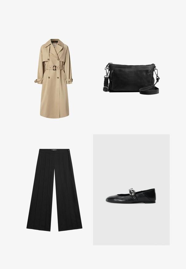 Beige trenchcoat in een katoenmix; dubbel gevoerd ontwerp met grote knopen, ceintuur in de taille en klepzakken; beschikt over een geruite voering.; Wit katoenen T-shirt met korte mouwen, een ronde hals en een gladde textuur. De achterkant is effen zonder extra patronen of ontwerpen.; Zwarte wijde broek heeft een hoge tailleband met plooien, een soepele textuur en een minimalistisch ontwerp. Ritsluiting aan de zijkant.; Zwarte leren balletschoenen met een spitse neus, voorzien van een band met een ronde metalen gesp en een platte zool.; Zwarte leren schoudertas met een ritsvak, een voorzak, zilverkleurige hardware en een verstelbare schouderband. Gladde textuur.