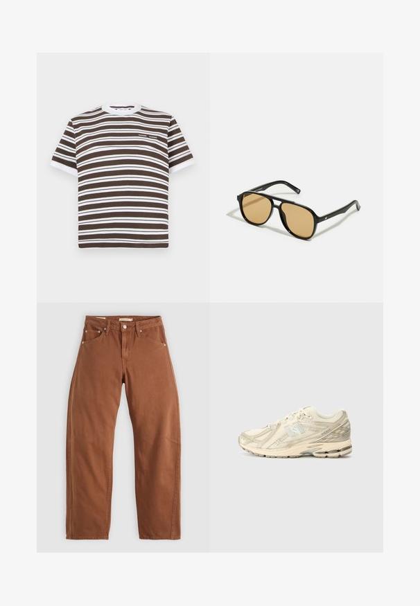Bež plašč v mešani bombažni tkanini; dvojnim zapenjanjem, velikimi gumbi, s pasom in žepi z preklopom; ima karirasto oblogo.; Bela in rjava črtasta kratkosleeve majica s krožnim ovratnikom in majhnim logotipom na prsih. Narejeno iz mehkega bombažnega materiala.; Rjavi rjavi ravni hlače z zadrgo in zankami za pas, z zadnjimi in sprednjimi žepi ter kovinskimi zakovicami, razpolagane na beli podlagi.; Beige atletski copat z mrežastim zgornjim delom, minimalnimi detajli, teksturiranim podplatom in subtilnim logotipom 'N' na strani. Lahek dizajn za udobje.; Črne sončne očala z rjavim odtenkom leč; pravokotna oblika s širokim okvirjem, vključno z diskretno kovinsko dekoracijo na obeh strani.; Črna usnjena torba za roke s ukrivljenim oblikom, enim trakom, zadrgo in diskretnim blagovnim znamkom na sprednjem delu. Gladka tekstura, minimalističen dizajn.