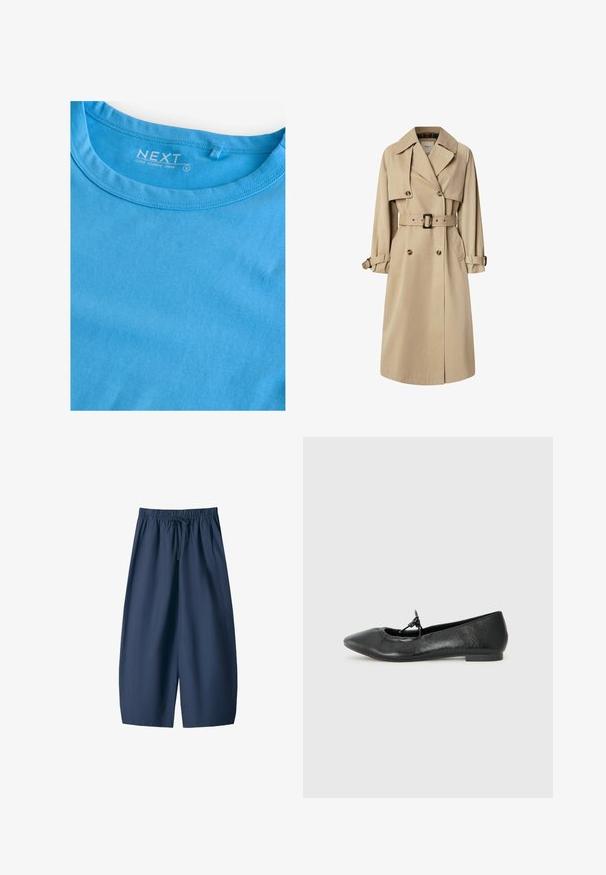 Beige Trenchcoat aus Baumwollmix; doppelt geknöpftes Design mit großen Knöpfen, tailliertem Gürtel und Klappentaschen; verfügt über ein karierter Innenfutter.; Langarm-crewshirt aus einfarbigem hellblauen Baumwollstoff. Verfügt über einen runden Halsausschnitt und einfache Nähte. Das Etikett lautet "NEXT," Größe S.; Marineblaue Shorts aus glattem Stoff mit elastischem Bund und Kordelzug sowie zwei Seitentaschen. Lässige Passform, knielange Ausführung.; Schwarze Leder-Ballerinas mit spitz zulaufender Zehenpartie, strukturiertem Obermaterial und einer kleinen Schleifenakzent an der Vorderseite. Niedriger, flacher Absatz.